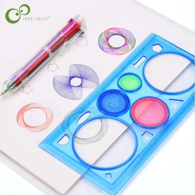 1 Pc Spirograph Geometric Ruler + 1 Pc 6 Colors Ballpoint Pen Drawing Painting Toys
